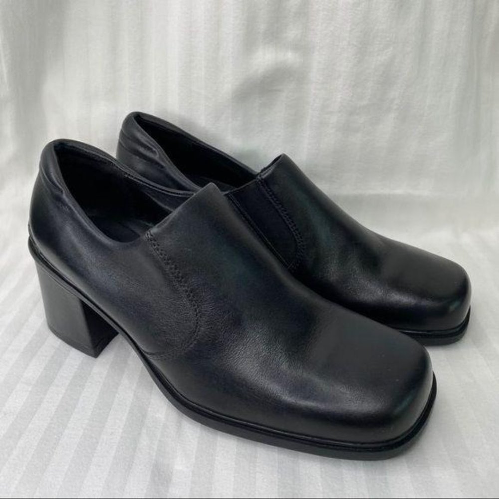 Ecco Black Leather Slip On Heeled Square Toe Shoes Y2K 6.5 or 7 - Picture 9 of 9